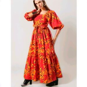 Maude Vivante Rhea Dres- size L red orange abstract fall vacation maxi cotton
